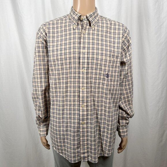 Vintage 90s Nautica Men's Large Beige Blue Plaid Long Sleeve Button-Up Shirt - Picture 1 of 8